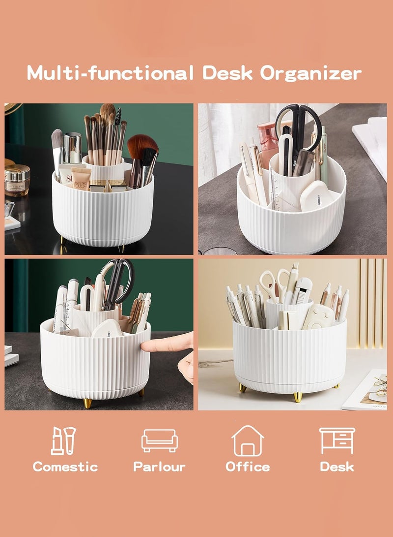 Generic 360° Rotating Makeup Organiser, Make Up Brush Holder with 5 Compartments, Desk Storage Container for Bedroom Dressing Table Cosmetics Organizer, Office Stationery Storage, Desktop Pen Holders , White  - Image 2