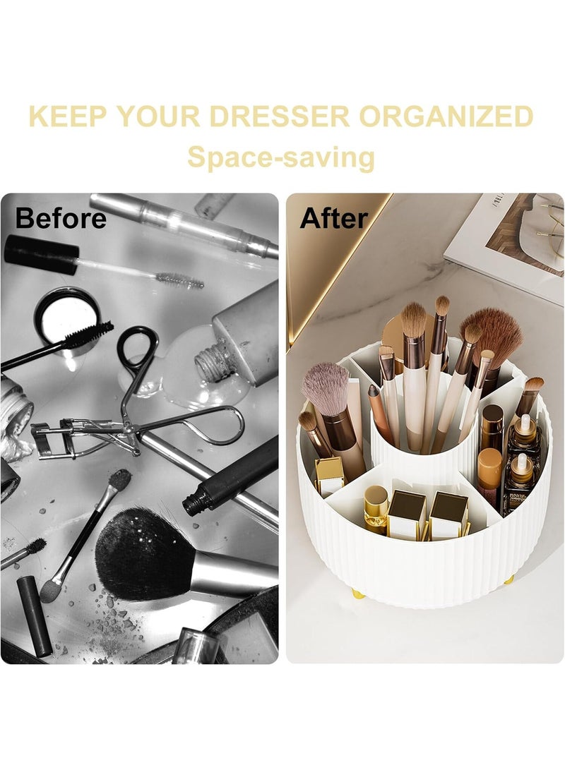 Generic 360° Rotating Makeup Organiser, Make Up Brush Holder with 5 Compartments, Desk Storage Container for Bedroom Dressing Table Cosmetics Organizer, Office Stationery Storage, Desktop Pen Holders , White  - Image 3