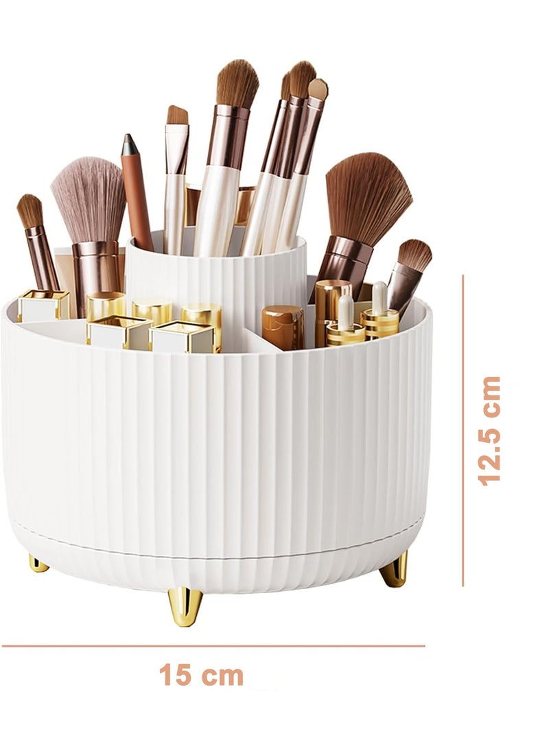 Generic 360° Rotating Makeup Organiser, Make Up Brush Holder with 5 Compartments, Desk Storage Container for Bedroom Dressing Table Cosmetics Organizer, Office Stationery Storage, Desktop Pen Holders , White  - Image 5