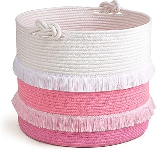 CherryNow Large Rope Basket Ã¢â‚¬â€œ 16'x13' Pink Decorative Woven Basket for Toys, Blankets, or Laundry, Cute Tassel - Image 1