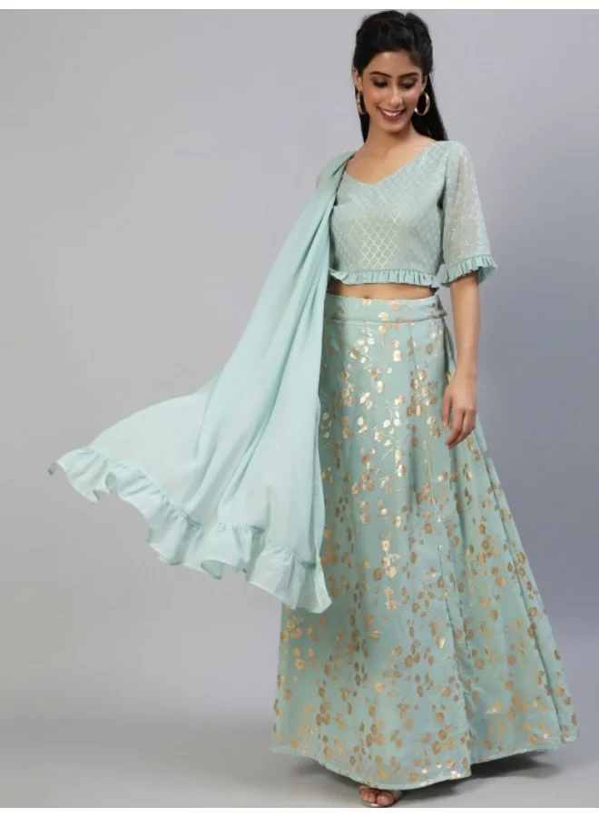 أيه كيه إس Sea Green Gold Foli Printed Lehenga Choli With Ruffle Dupatta
