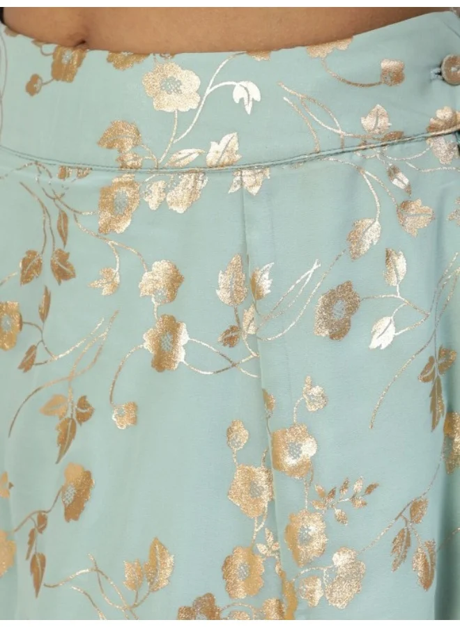 AKS Sea Green Gold Foli Printed Lehenga Choli With Ruffle Dupatta