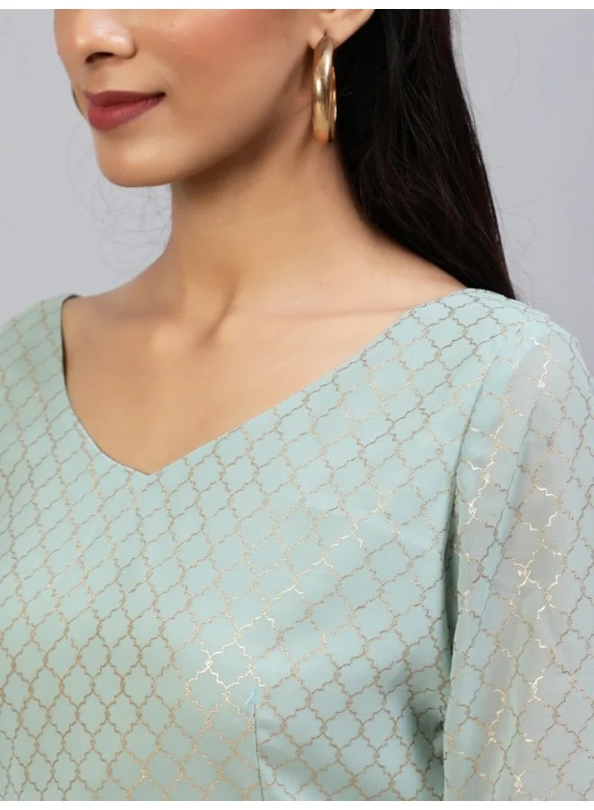 أيه كيه إس Sea Green Gold Foli Printed Lehenga Choli With Ruffle Dupatta