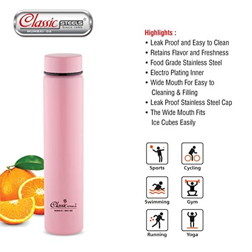 Classic Steels Super Slim Single Wall Stainless Steel Water Bottle 500 ml - Leak-Proof, Lightweight Ideal for Office, Gym, School, Travel, Kitchen, Sports, Pink - Image 3
