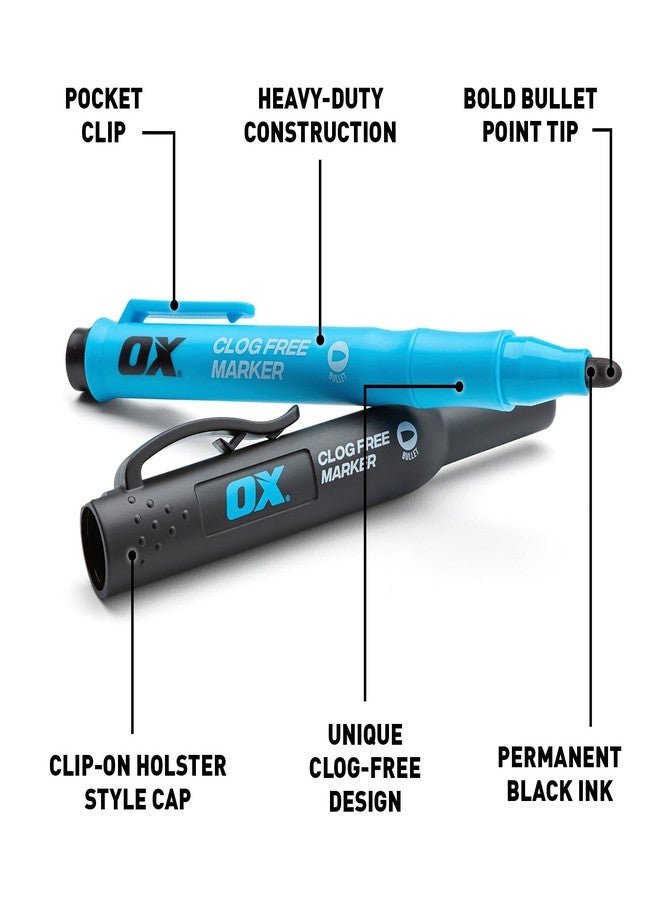 OX Tools Clog-Free Permanent Construction Marker 2-Pack with Pocket Holster - Durable, Reliable Marking on Dusty Wood Surfaces - Perfect for Construction and Framing Applications OX-P630901 - Image 2