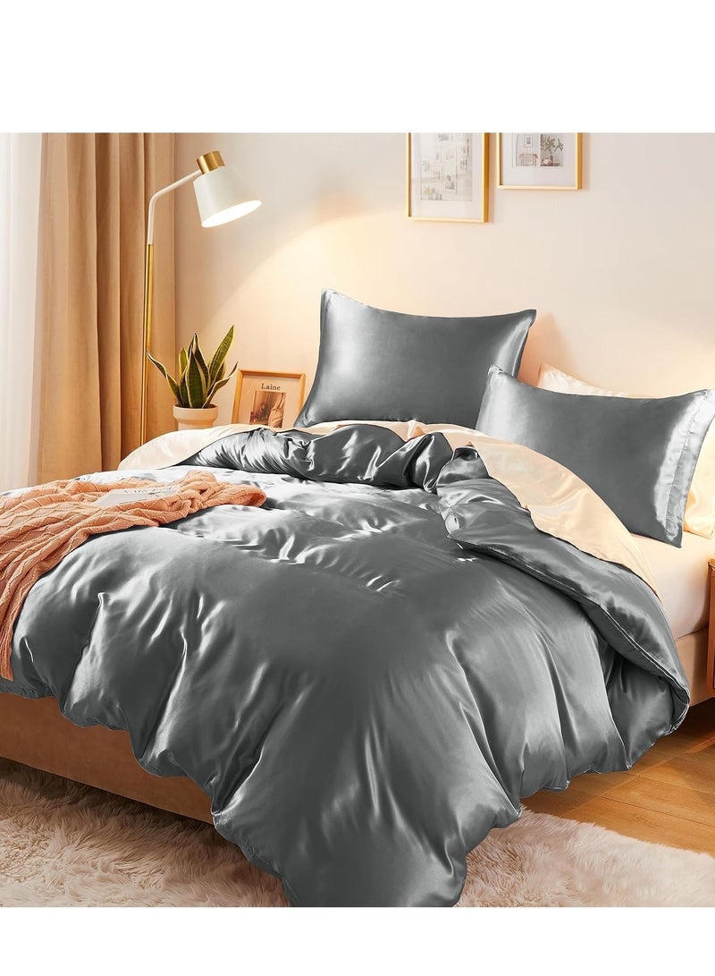 3 Pieces Satin Bedding Set, King Size Silky Duvet Covers Collection, 1x Cooling Duvet Cover 104x90 Inches and 2 Pillowcases, Comforter Not Included-Silver Grey - Image 1