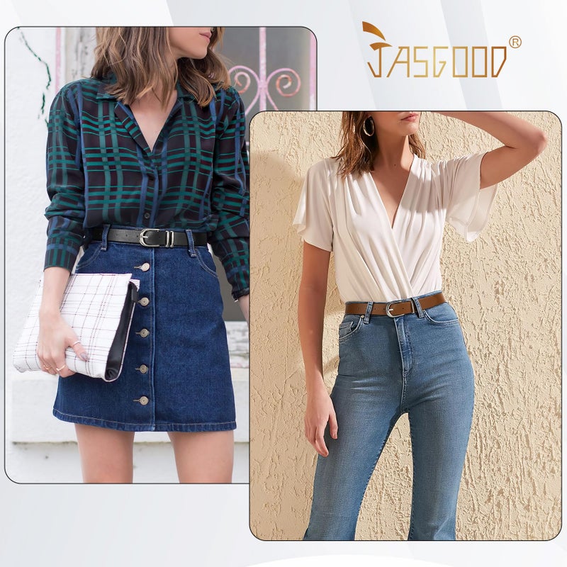 JASGOOD 3 Pack Women Belts For Jeans Dresses Pants Ladies Faux Leather Waist Belt with Silver Buckle(Black+Brown+Beige Silver Buckle) - Image 4