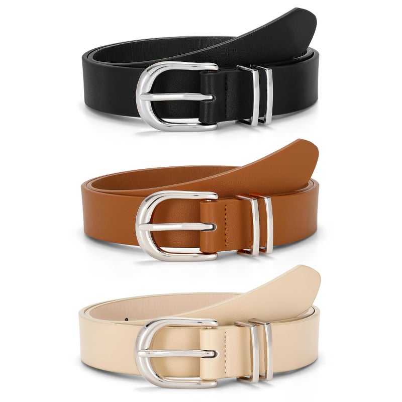 JASGOOD 3 Pack Women Belts For Jeans Dresses Pants Ladies Faux Leather Waist Belt with Silver Buckle(Black+Brown+Beige Silver Buckle) - Image 1