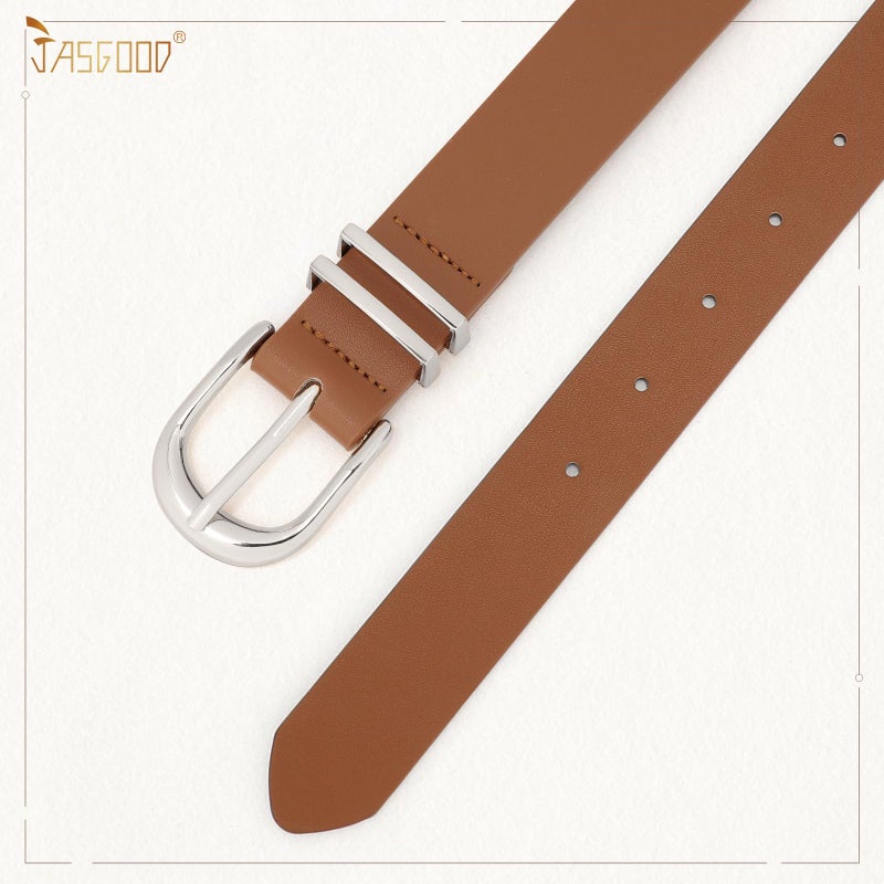 JASGOOD 3 Pack Women Belts For Jeans Dresses Pants Ladies Faux Leather Waist Belt with Silver Buckle(Black+Brown+Beige Silver Buckle) - Image 3