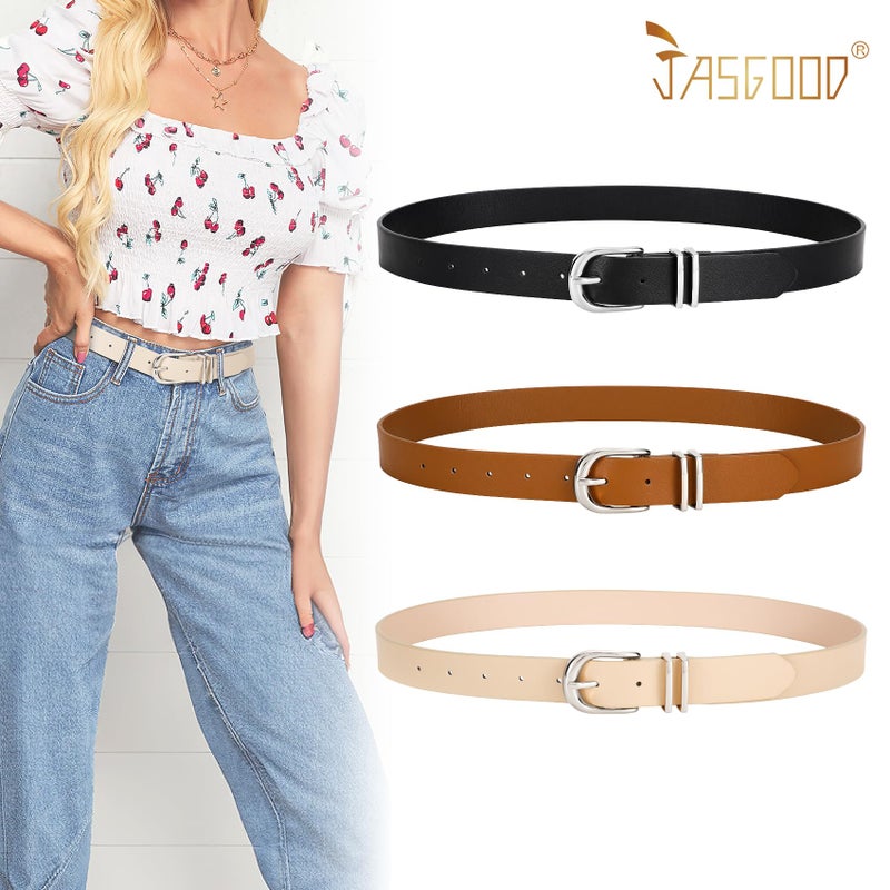 JASGOOD 3 Pack Women Belts For Jeans Dresses Pants Ladies Faux Leather Waist Belt with Silver Buckle(Black+Brown+Beige Silver Buckle) - Image 2