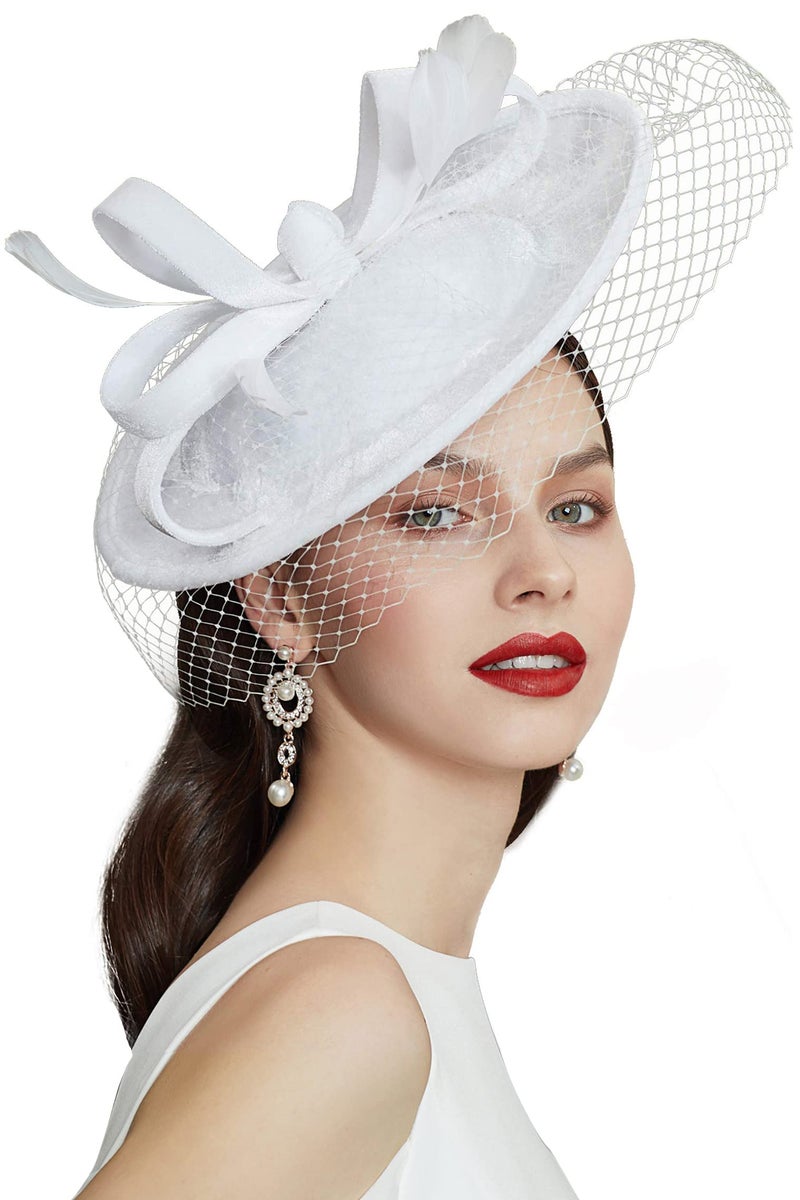 BABEYOND Tea Party Fascinator Kentucky Hat Fascinator Cocktail Pillbox Hat Derby Headband White - Image 1