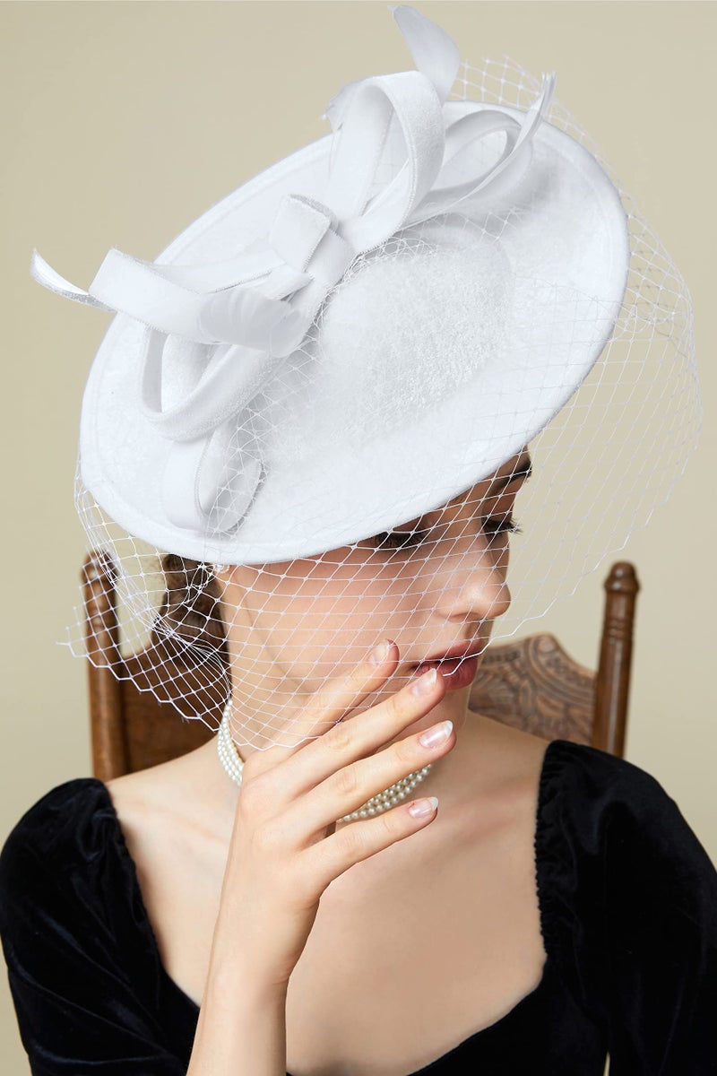 BABEYOND Tea Party Fascinator Kentucky Hat Fascinator Cocktail Pillbox Hat Derby Headband White - Image 4
