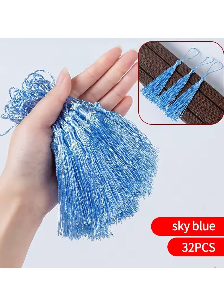 Abrar Colorful Silk Tassels with Hanging Rope Sky Blue for Home Decor, Curtains, Jewelry, Weddings, and Keychains 32 Pieces