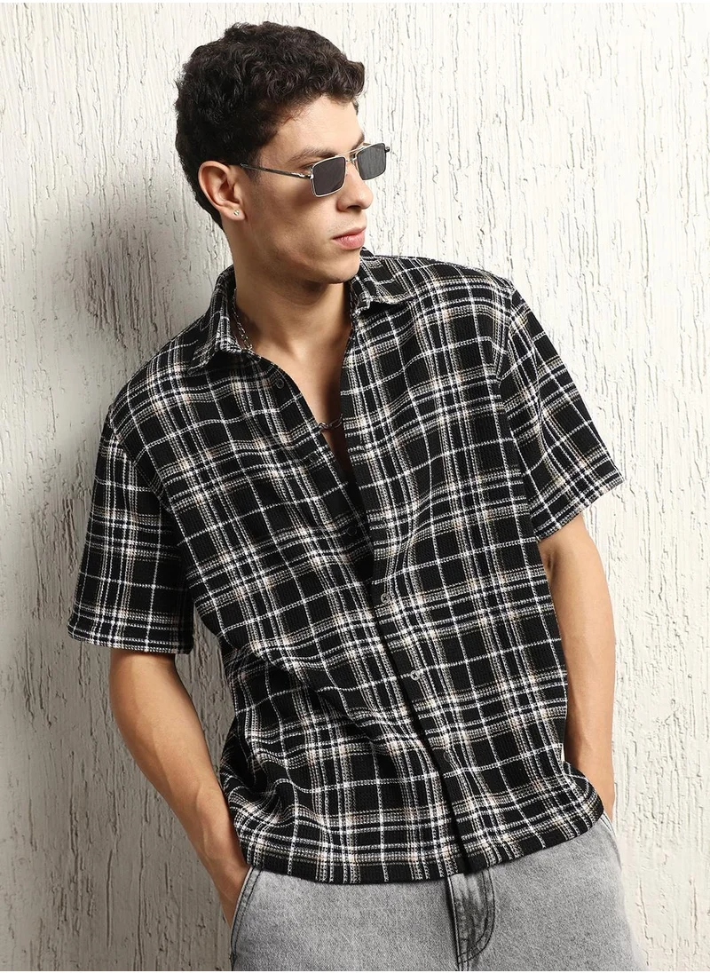 هوبرهولمي Multicolor Tartan Check Oversized Shirt for Men, Half Sleeves, Cotton Blend