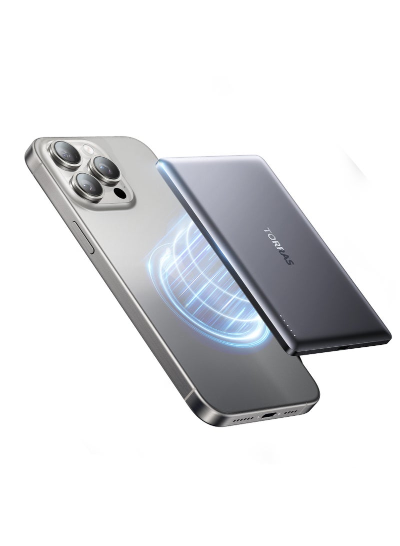 بنك الطاقة MiniMag، شاحن محمول فائق النحافة بسعة 5,000mAh مع كابل USB-C، حزمة بطارية مغناطيسية للشحن السريع، شاحن متوافق مع Magsafe لهواتف iPhone 16/15/14/13/12، رمادي جليدي - Image 1