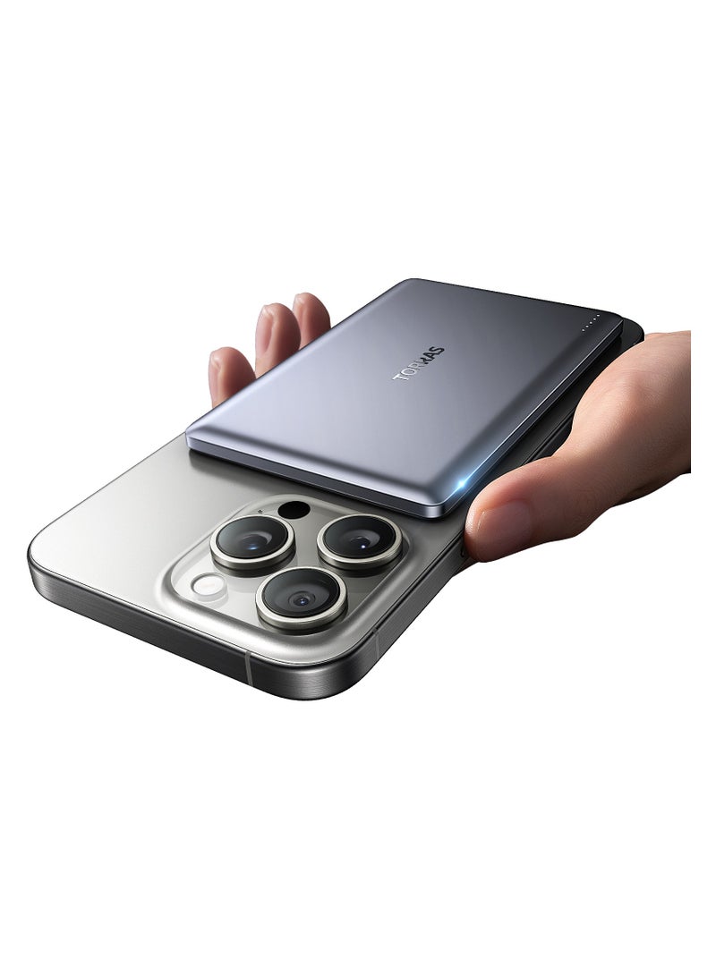 بنك الطاقة MiniMag، شاحن محمول فائق النحافة بسعة 5,000mAh مع كابل USB-C، حزمة بطارية مغناطيسية للشحن السريع، شاحن متوافق مع Magsafe لهواتف iPhone 16/15/14/13/12، رمادي جليدي - Image 2