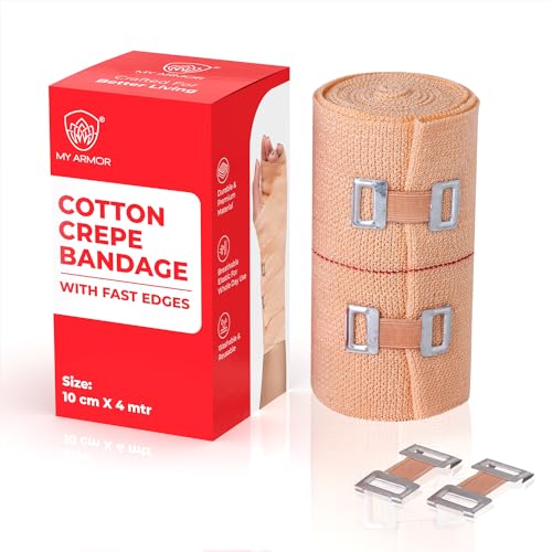 MY ARMOR Soft Cotton Pain Relief Crepe Bandage with 2 Extra Clips - 10cm X 4mt - Pack of 1 - Image 1
