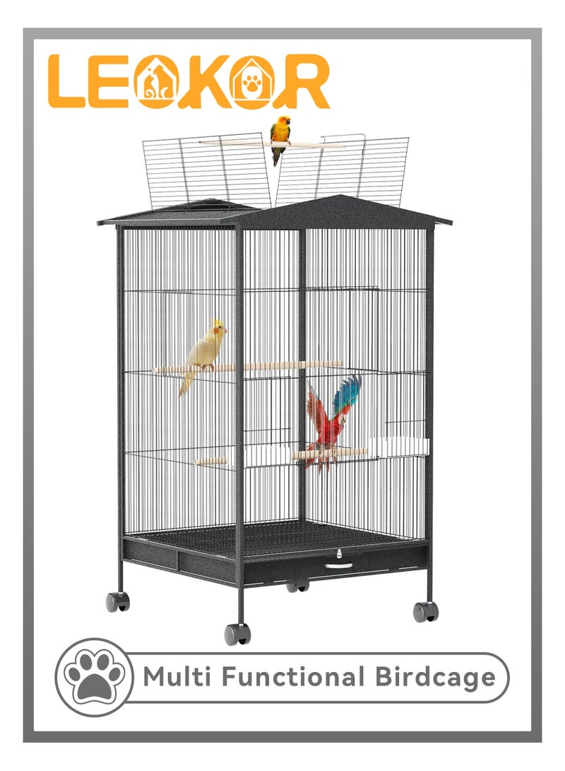 LEOKOR Bird Cage,Open Play Top Bird Cage with Rolling Stand, Extra Large Bird Cage with 360° Wheelsfor Parakeet, Parrot, Lovebirds, Cockatiels, Macaw, Black (97cm*46cm*46cm) - Image 1