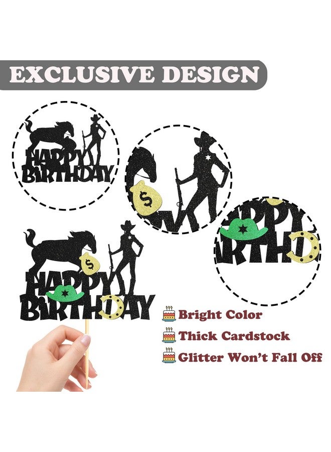 Sotpot 1PC Cowgirl Cake Toppers WWestern Cowgirl Themed Cake Decoration for Hat boot Shooting Horse Girls Women Cowgirls Happy Birthday Party Supplies Black Glitter - Image 3