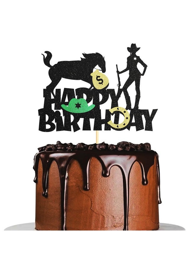 Sotpot 1PC Cowgirl Cake Toppers WWestern Cowgirl Themed Cake Decoration for Hat boot Shooting Horse Girls Women Cowgirls Happy Birthday Party Supplies Black Glitter - Image 1