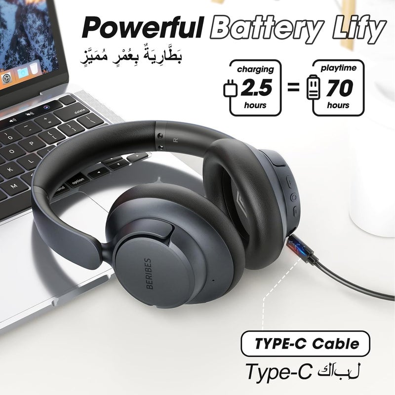BERIBES Global simple assemble options BERIBES Active Noise Cancelling Headphones, Headphones Wireless over ear with Microphone, 70H Playtime, Foldable Bluetooth Headphones with HiFi Audio, Deep Bass for Office, Travel, Gym All territory compatible build - Image 5