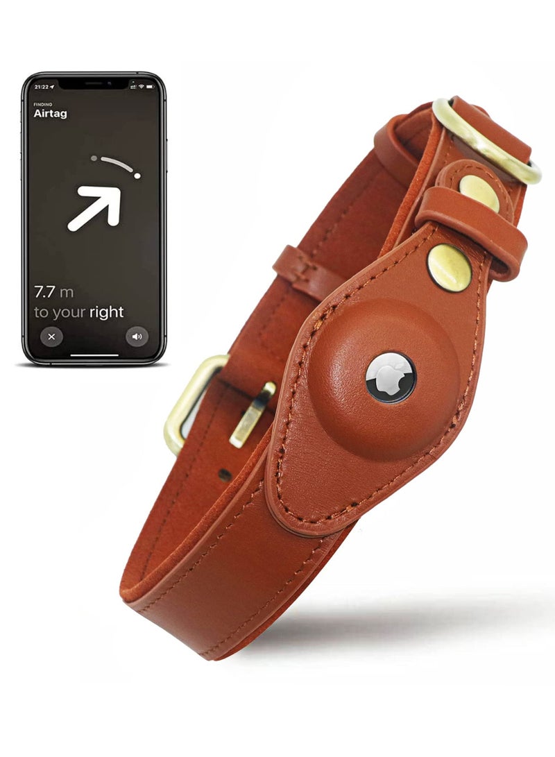 Y&D AirTag Dog Collar with Built, Premium Leather Genuine Holder Adjustable Waterproof Tracking for Medium and Large Dogs (L, Brown) - Image 1