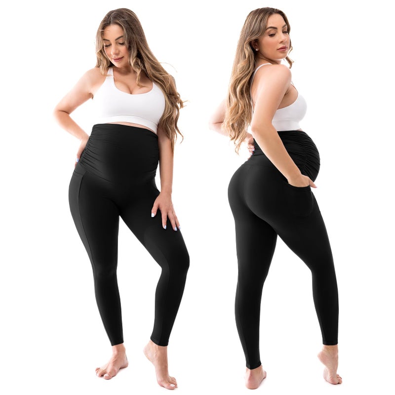 Walifrey Women's Maternity Leggings with Pockets Over The Belly,Pregnancy Yoga Pants Activewear Workout Leggings Black XL - Image 2