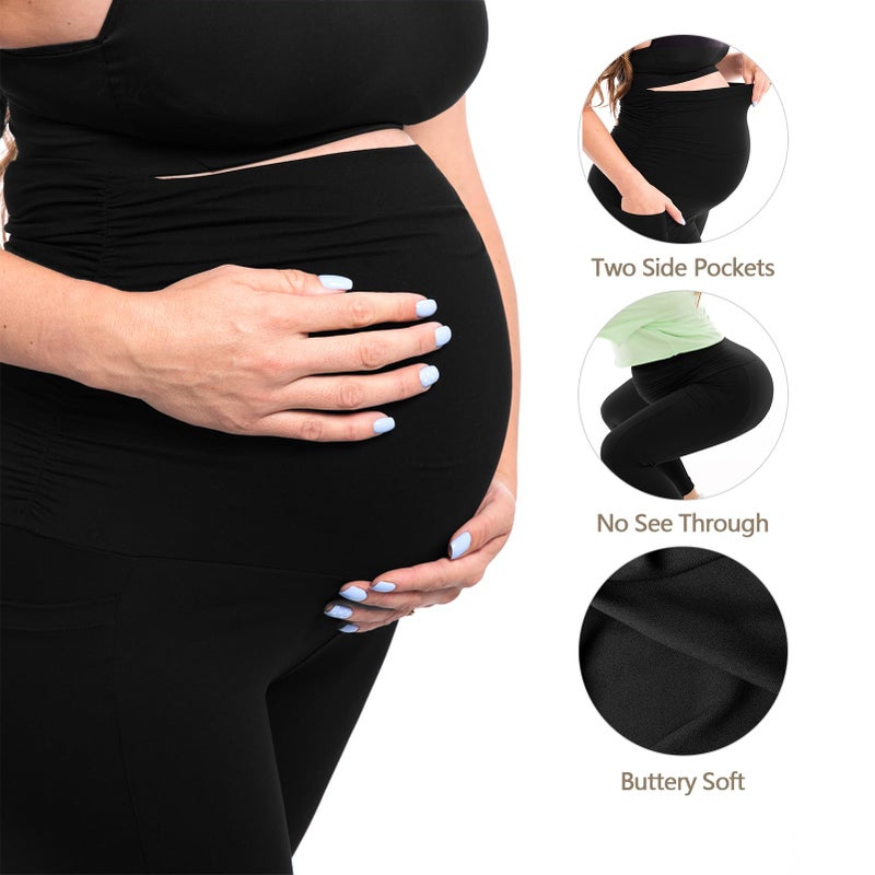 Walifrey Women's Maternity Leggings with Pockets Over The Belly,Pregnancy Yoga Pants Activewear Workout Leggings Black XL - Image 5