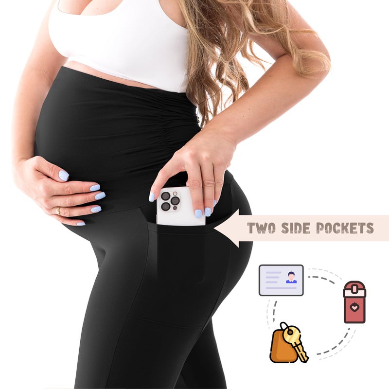 Walifrey Women's Maternity Leggings with Pockets Over The Belly,Pregnancy Yoga Pants Activewear Workout Leggings Black XL - Image 4