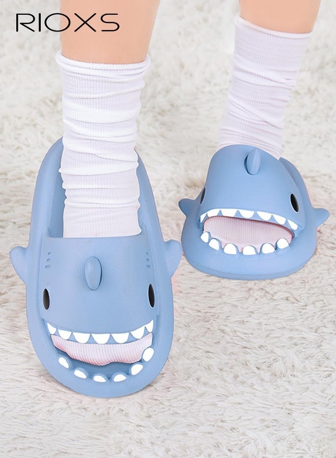 RIOXS Kids Shark Cloud Slides, Boys Girls Open Toe Slip On Sandals, Comfy Cushioned Thick Sole Cartoon Bath Slippers, Unisex Toddler Quick Dry Non-Slip Shower Sandals, Beach Pool Home Slippers for Little Kids Girls and Boys-Blue - Image 1