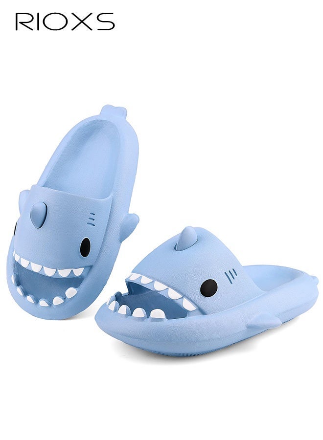 RIOXS Kids Shark Cloud Slides, Boys Girls Open Toe Slip On Sandals, Comfy Cushioned Thick Sole Cartoon Bath Slippers, Unisex Toddler Quick Dry Non-Slip Shower Sandals, Beach Pool Home Slippers for Little Kids Girls and Boys-Blue - Image 2
