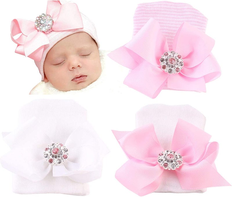 DRESHOW BQUBO Newborn Hospital Hat Infant Baby Hat Cap with Big Bow Soft Cute Knot Nursery Beanie - Image 1