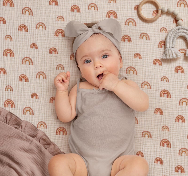 Blissful Diary Muslin Mini Crib Sheets, Pack and Play Mattress Sheets Fitted for Pack N Play, Soft Cotton for Boys Girls, 2 Pack(Dusty Pink&Rainbow) - Image 4