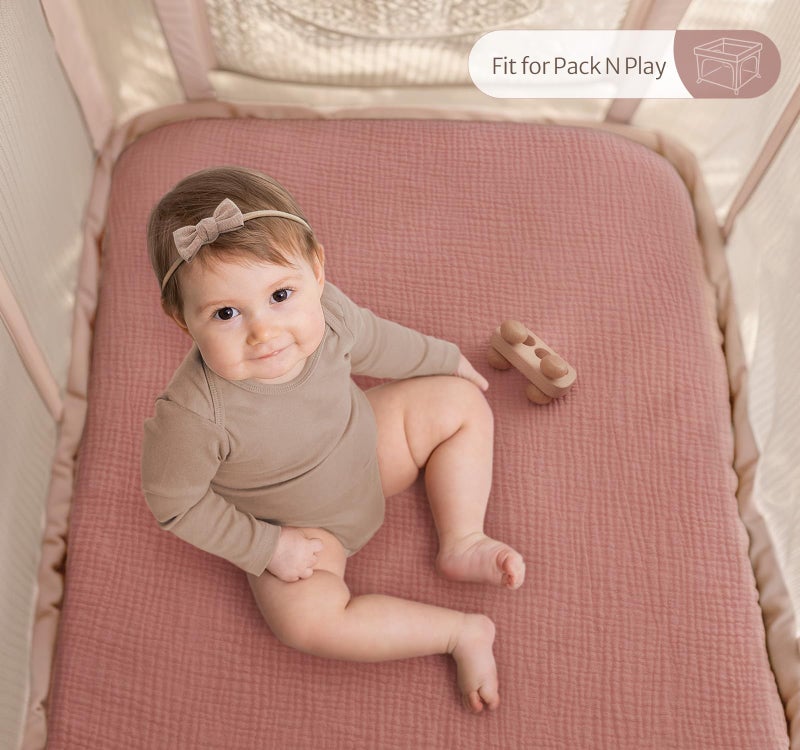 Blissful Diary Muslin Mini Crib Sheets, Pack and Play Mattress Sheets Fitted for Pack N Play, Soft Cotton for Boys Girls, 2 Pack(Dusty Pink&Rainbow) - Image 5