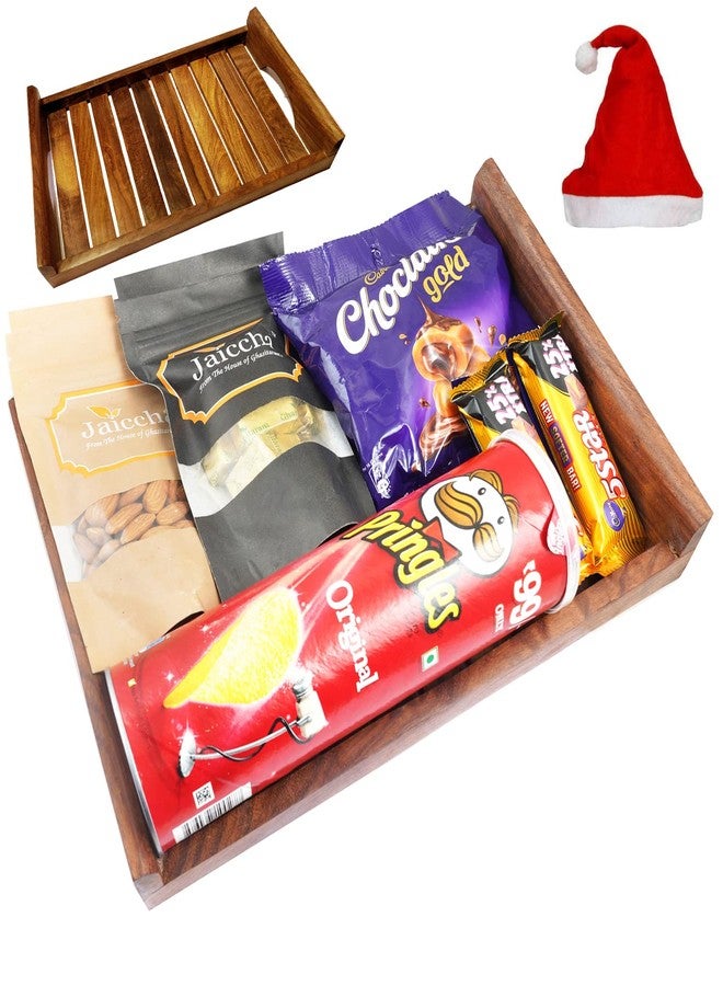 Jaiccha Ghasitaram Rakhi Gifts for Brothers - Striped Big Wooden Tray of Almonds, MEWA Bites, Caramel Toffees and Potato Chips. with 2 Pearl Rakhis - Image 3