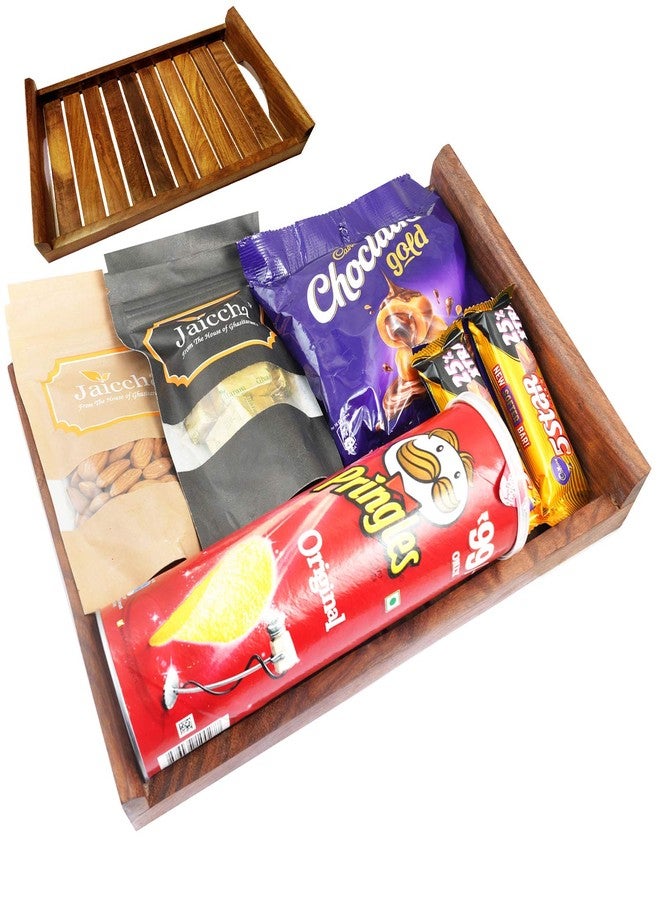 Jaiccha Ghasitaram Rakhi Gifts for Brothers - Striped Big Wooden Tray of Almonds, MEWA Bites, Caramel Toffees and Potato Chips. with 2 Pearl Rakhis - Image 2