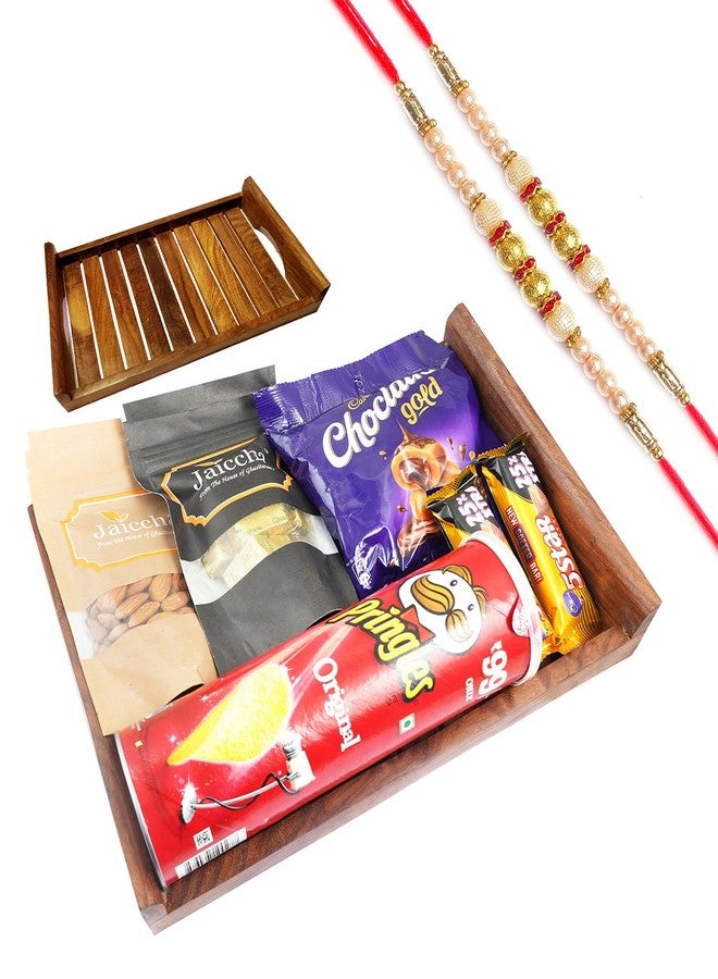 Jaiccha Ghasitaram Rakhi Gifts for Brothers - Striped Big Wooden Tray of Almonds, MEWA Bites, Caramel Toffees and Potato Chips. with 2 Pearl Rakhis - Image 1