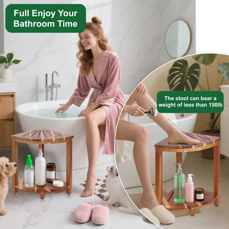 Topspeeder Bathroom Corner Shower Stool with Storage Shelf, Shower Feet Stool, Non-Slip Adjustable Feet Drain Holes, for Shaving Legs, SpacemSaving Shower Bench with Storage for Small Spaces - Image 3
