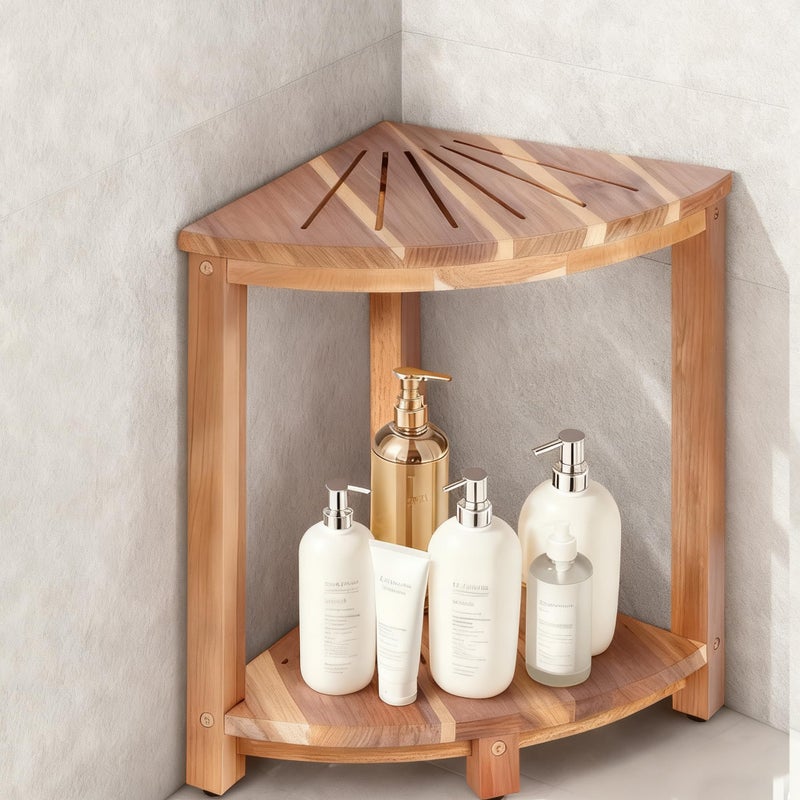 Topspeeder Bathroom Corner Shower Stool with Storage Shelf, Shower Feet Stool, Non-Slip Adjustable Feet Drain Holes, for Shaving Legs, SpacemSaving Shower Bench with Storage for Small Spaces - Image 1