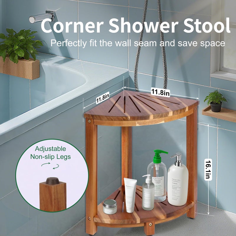 Topspeeder Bathroom Corner Shower Stool with Storage Shelf, Shower Feet Stool, Non-Slip Adjustable Feet Drain Holes, for Shaving Legs, SpacemSaving Shower Bench with Storage for Small Spaces - Image 2