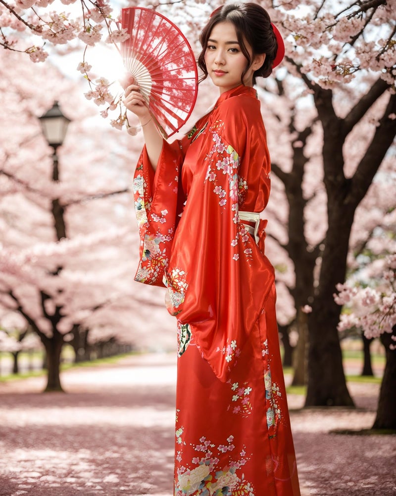 PLULON 5Pcs Japanese Kimono for Women Geisha Dress Yukata Japanese Robe Costume Blossom Satin Bathrobe with Drawstring Bag Hand Fan Hairpin Tabi Socks Set for Women - Image 3