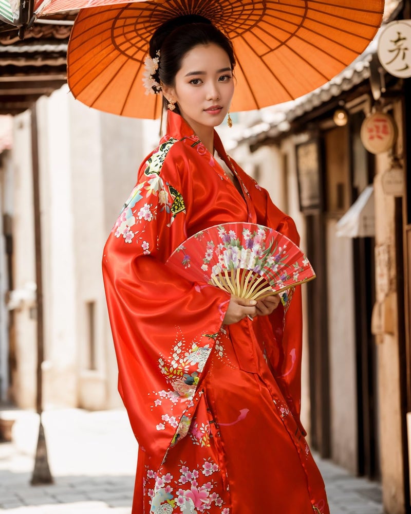 PLULON 5Pcs Japanese Kimono for Women Geisha Dress Yukata Japanese Robe Costume Blossom Satin Bathrobe with Drawstring Bag Hand Fan Hairpin Tabi Socks Set for Women - Image 2