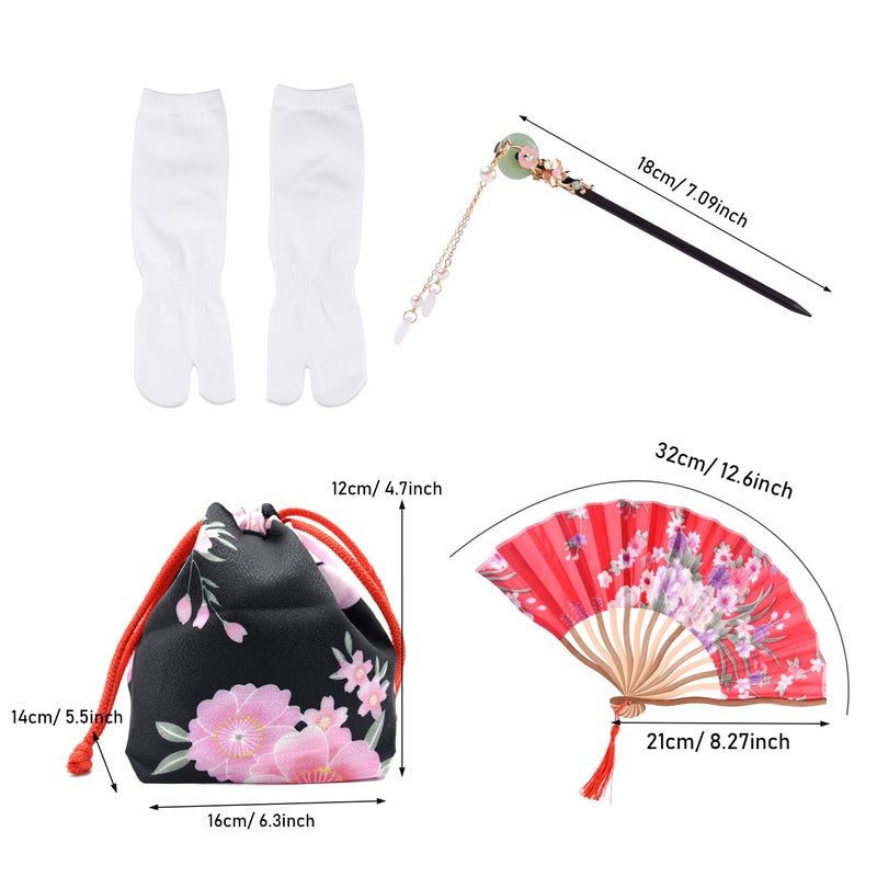 PLULON 5Pcs Japanese Kimono for Women Geisha Dress Yukata Japanese Robe Costume Blossom Satin Bathrobe with Drawstring Bag Hand Fan Hairpin Tabi Socks Set for Women - Image 4