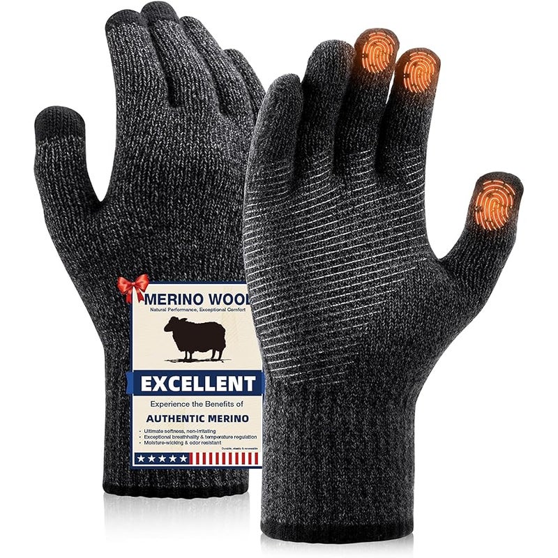 Merino Wool Gloves for Men Women, Touch Screen Warm Anti-Slip Glove Thermal Soft Knit for Winter Driving Hiking L Black Grey Marl - Image 1