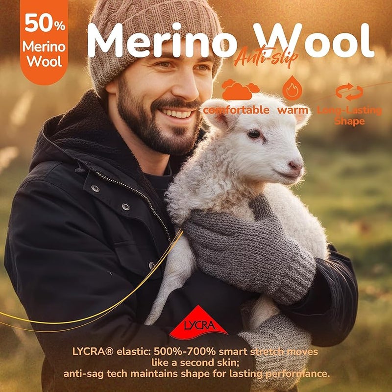 Merino Wool Gloves for Men Women, Touch Screen Warm Anti-Slip Glove Thermal Soft Knit for Winter Driving Hiking L Black Grey Marl - Image 3