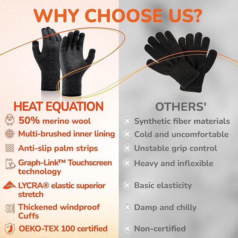 Merino Wool Gloves for Men Women, Touch Screen Warm Anti-Slip Glove Thermal Soft Knit for Winter Driving Hiking L Black Grey Marl - Image 2