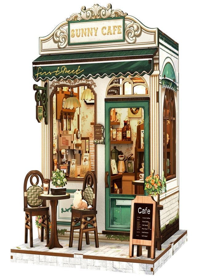 Fsolis Book Nook Kit - DIY Scene Miniature Dollhouse Kit for Adults Bookshelf Puzzle Tiny House Mini Craft Coffee Shop Model Bookshelf Decor Gifts for Women Book Lovers Puzzle Beginners (Sunny Cafe) - Image 1