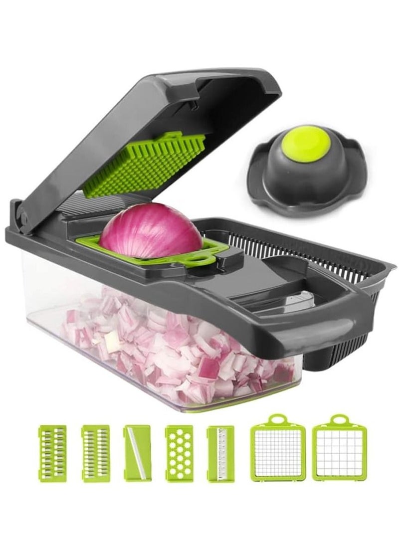 ELTRAZONE Vegetable Chopper With Container Onion Chopper Dicer Quick Potato Cutter Kitchen Tool 7 Blade Vegetable Fruit Chopper Slicer With Cleaning Brush Drain Basket (Gray)  - Image 1