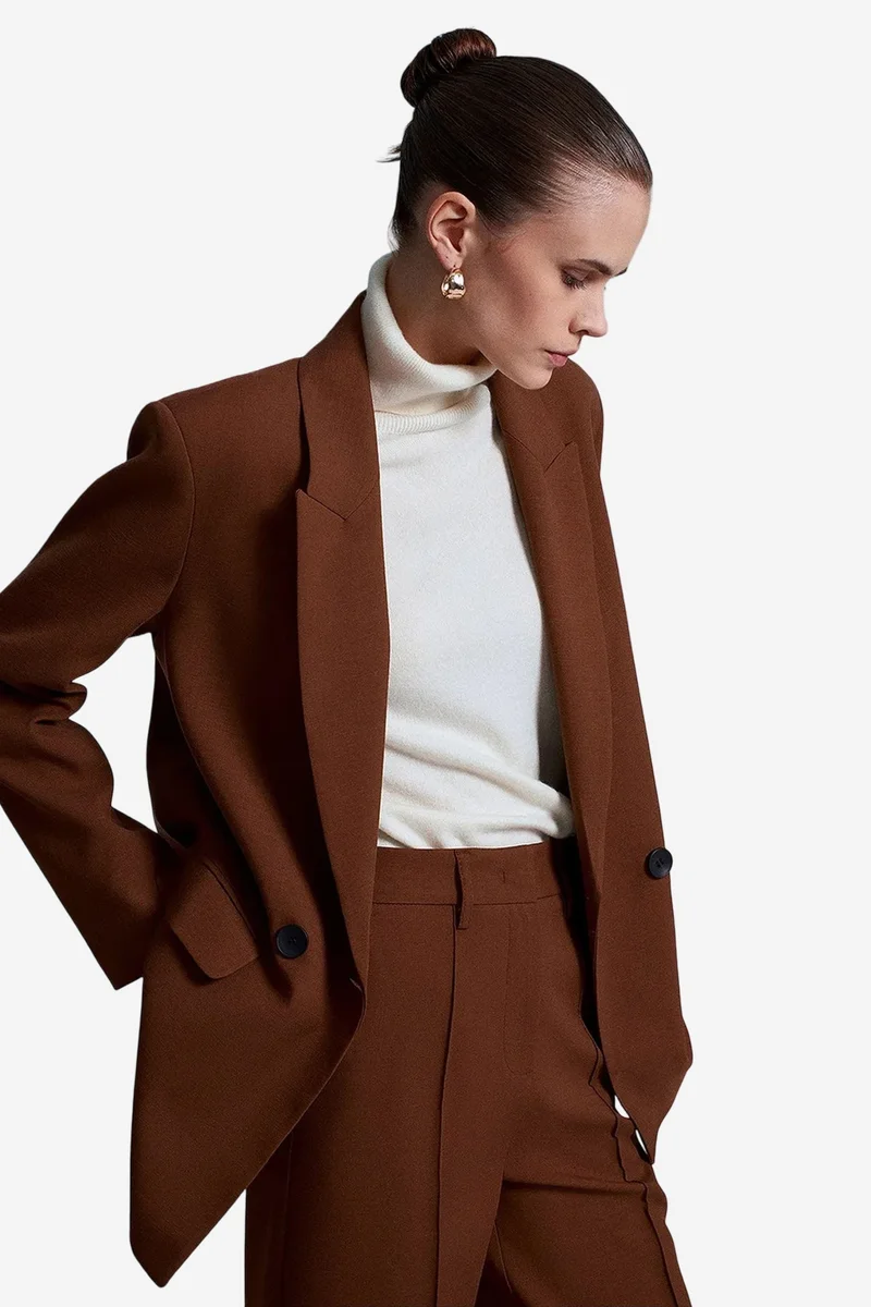 Dilvin Walnut Brown DILVIN Oversized Long Crepe Blazer Jacket for Women | Best Price UAE