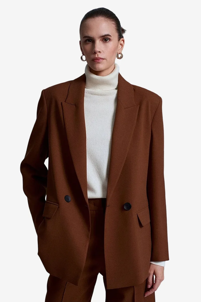 Dilvin Walnut Brown DILVIN Oversized Long Crepe Blazer Jacket for Women | Best Price UAE